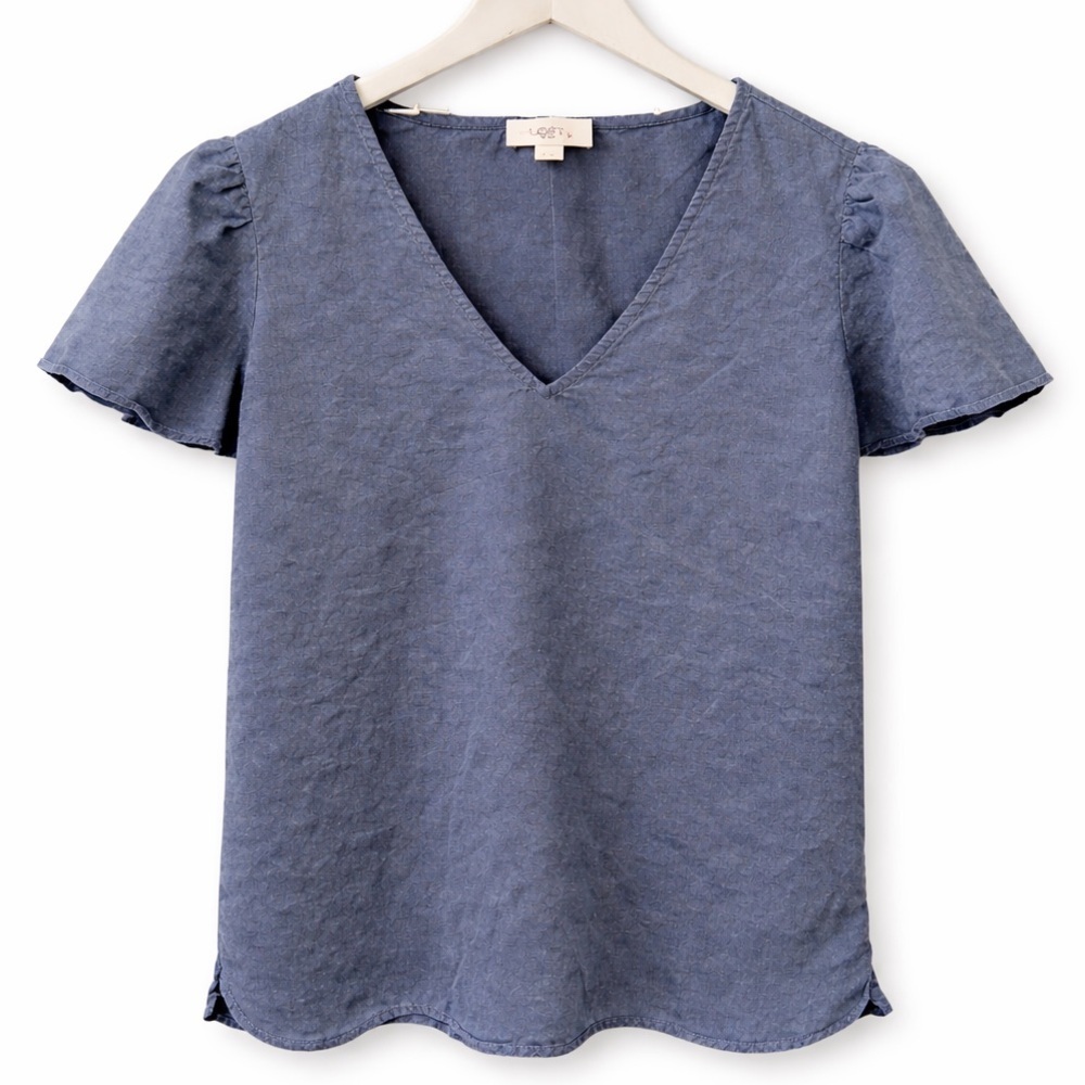Anne Taylor LOFT Blue Gray V-Neck Linen Blend Blouse Shirt XS
